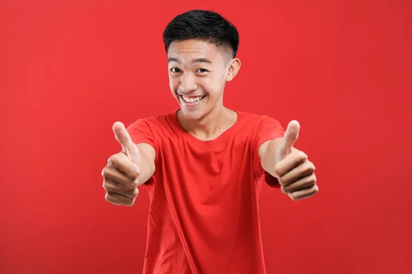 Young Asian Teenager Doing Winning Gesture Happy Get Special Gift — Stock Photo, Image