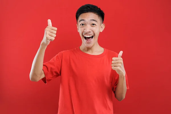 Joven Asiática Adolescente Haciendo Gesto Ganar Feliz Obtener Regalo Especial —  Fotos de Stock