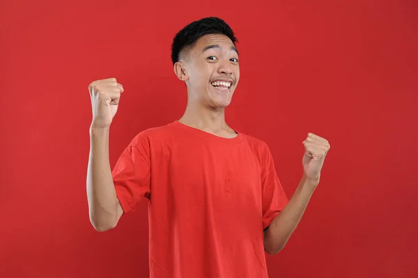 Young Asian Teenager Doing Winning Gesture Happy Get Special Gift — Stock Photo, Image