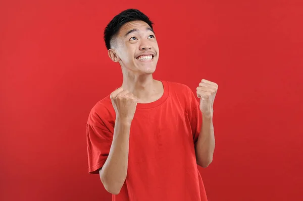 Young Asian Teenager Doing Winning Gesture Happy Get Special Gift — Stock Photo, Image