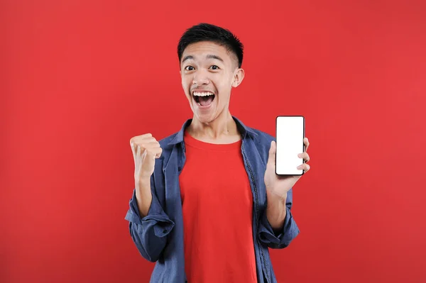 年轻的亚洲少年拿着带有空白屏幕的手机做着获奖手势 快乐地在网上买到特别的礼物 — 图库照片