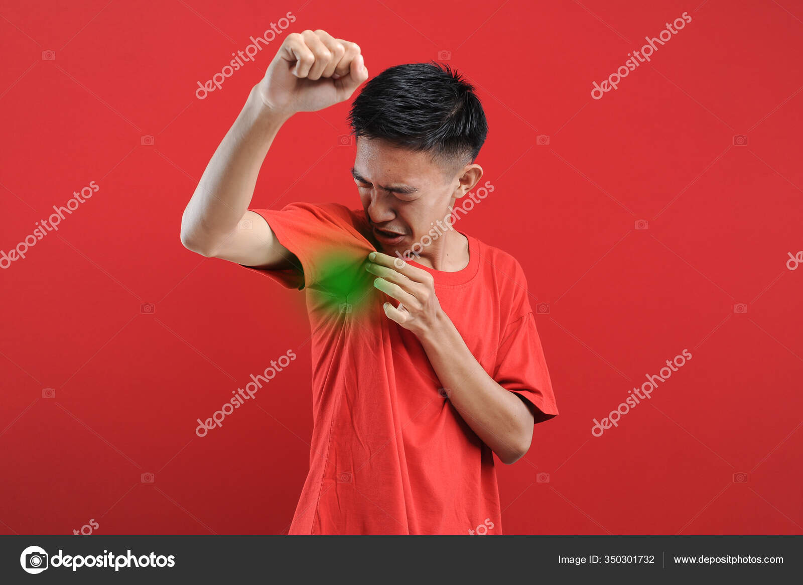 Asian Man Hyperhidrosis Sweating Armpit Feel Bad Body Odor Smell Stock