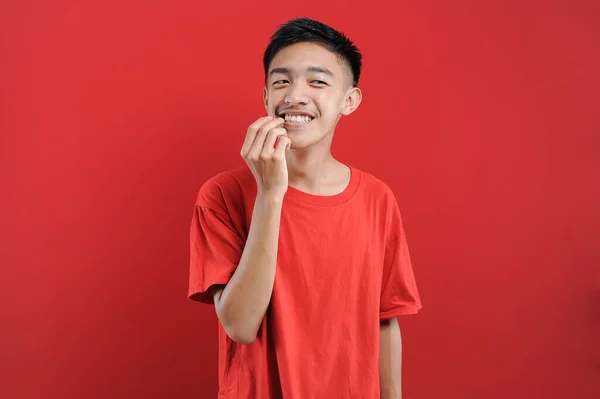 年轻的亚洲男人用牙签刷牙 健康的生活 年轻的亚洲男人 在红色背景下隔离 — 图库照片
