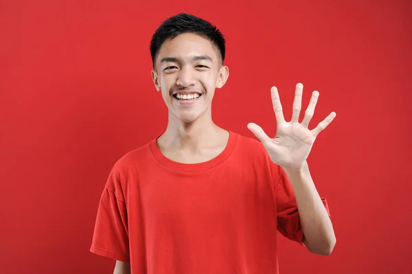 Young Asian Man Number Five Sign Finger Gesture Isolated Red — Stock Photo, Image