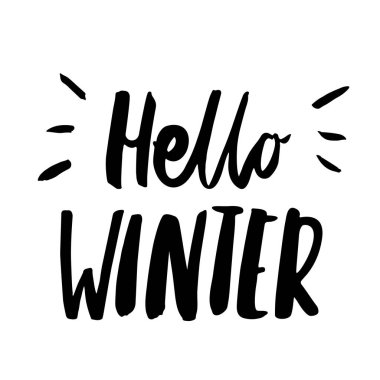 Merhaba kış! Yazıt handdrawing beyaz bir arka plan üzerinde siyah mürekkep.