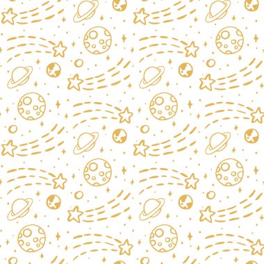 Altın yıldız, gezegen, ay, dünya üzerinde beyaz bir arka plan ile Seamless Modeli.