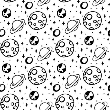 Bir uzay, ay, yıldız, gezegen ile siyah-beyaz desen. 