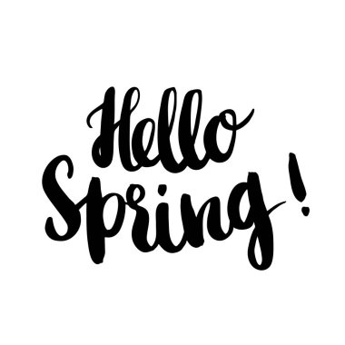 Merhaba bahar! Yazıt el çiziminin beyaz bir arka plan üzerinde siyah mürekkep. 