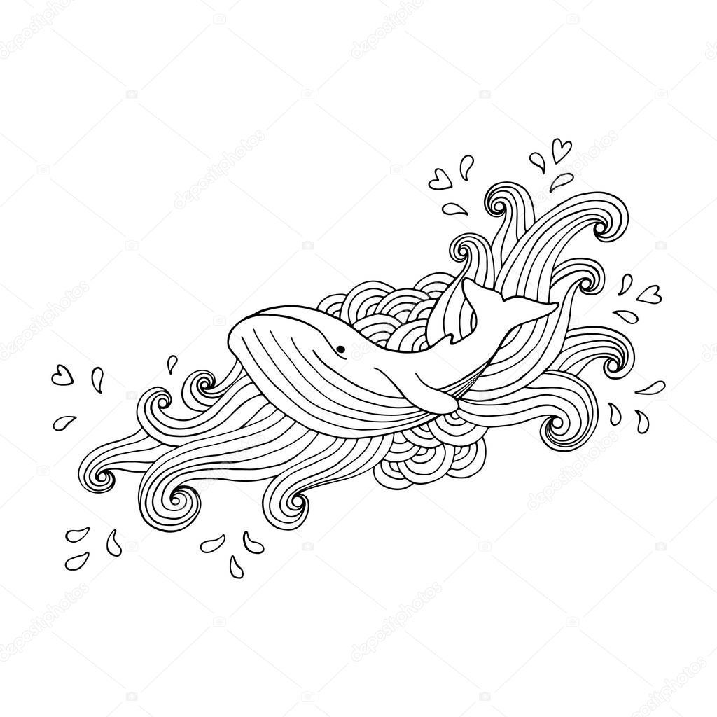 Hand-drawing whale in abstract waves