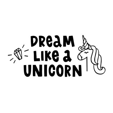 Rüya gibi bir tek boynuzlu at. Beyaz bir arka plan üzerinde mürekkep el-çizim alıntı. 