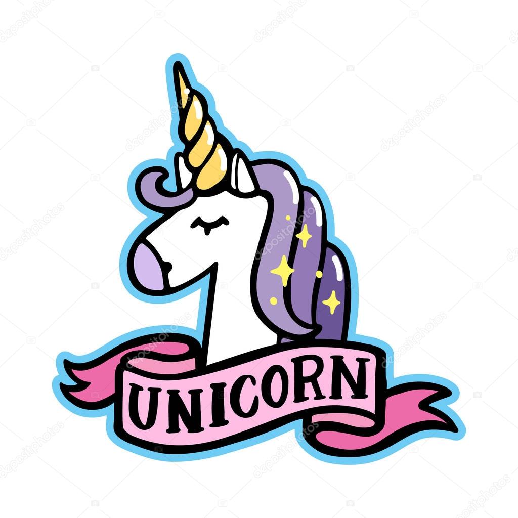 Unicorn with pink ribbon on a white background.