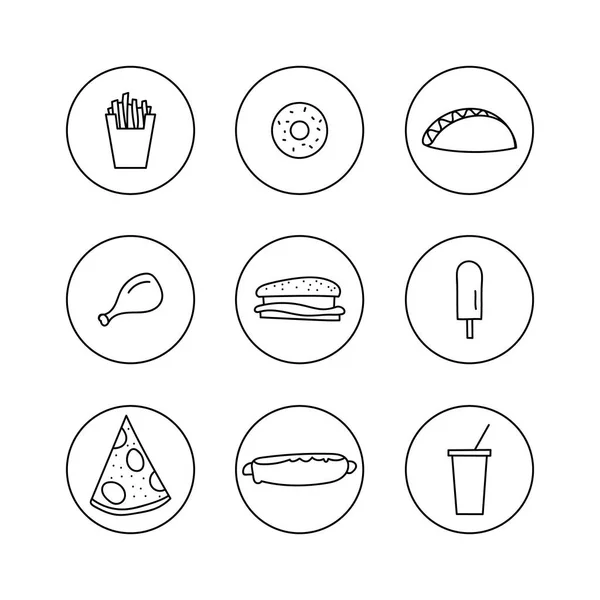 インスタント食品、半製品、線形スタイルの白い背景の上のセット. — ストックベクタ