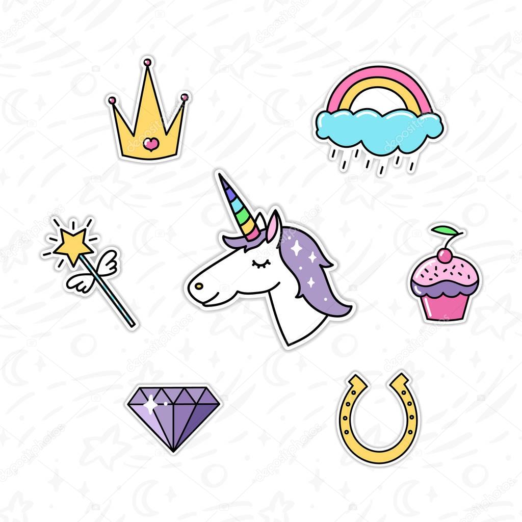 Trendy sticker pack with magical unicorn, rainbow, diamond, crown, magic wand, capkake, and horseshoe.