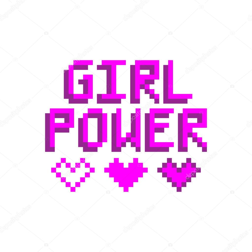 Girl power. The inscription with hearts in the eight bit style on a white background.