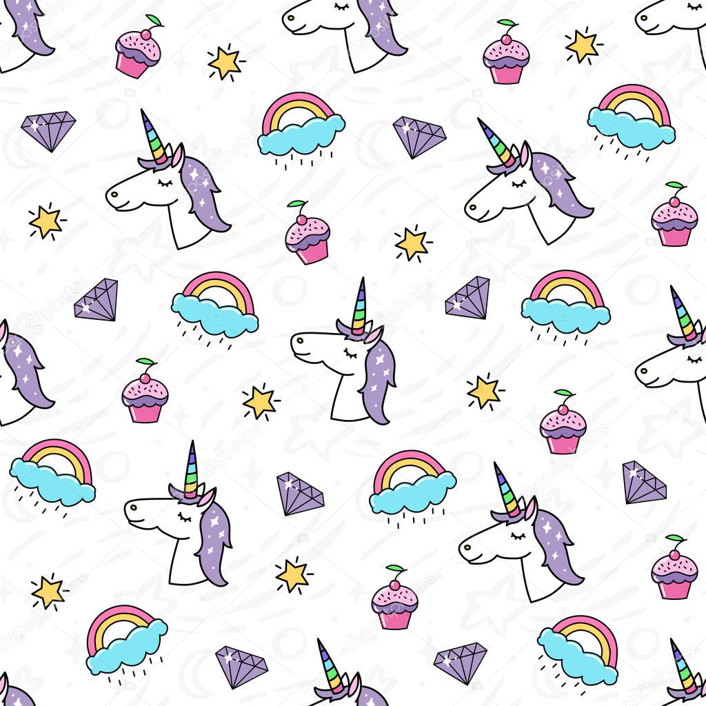 Seamless pattern with a magical unicorn, rainbow, diamond, cupcake. 