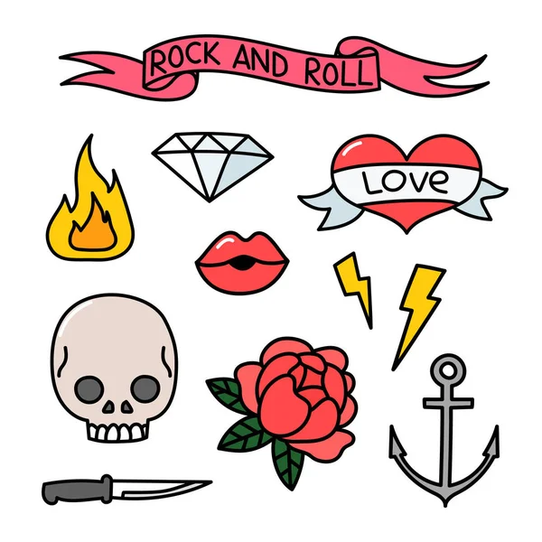 Пакет стикеров с розой, сердцем, губами, черепом, огнем, молнией, хрусталем, якорем, ножом, лентой с надписью "рок-н-ролл" . — стоковый вектор