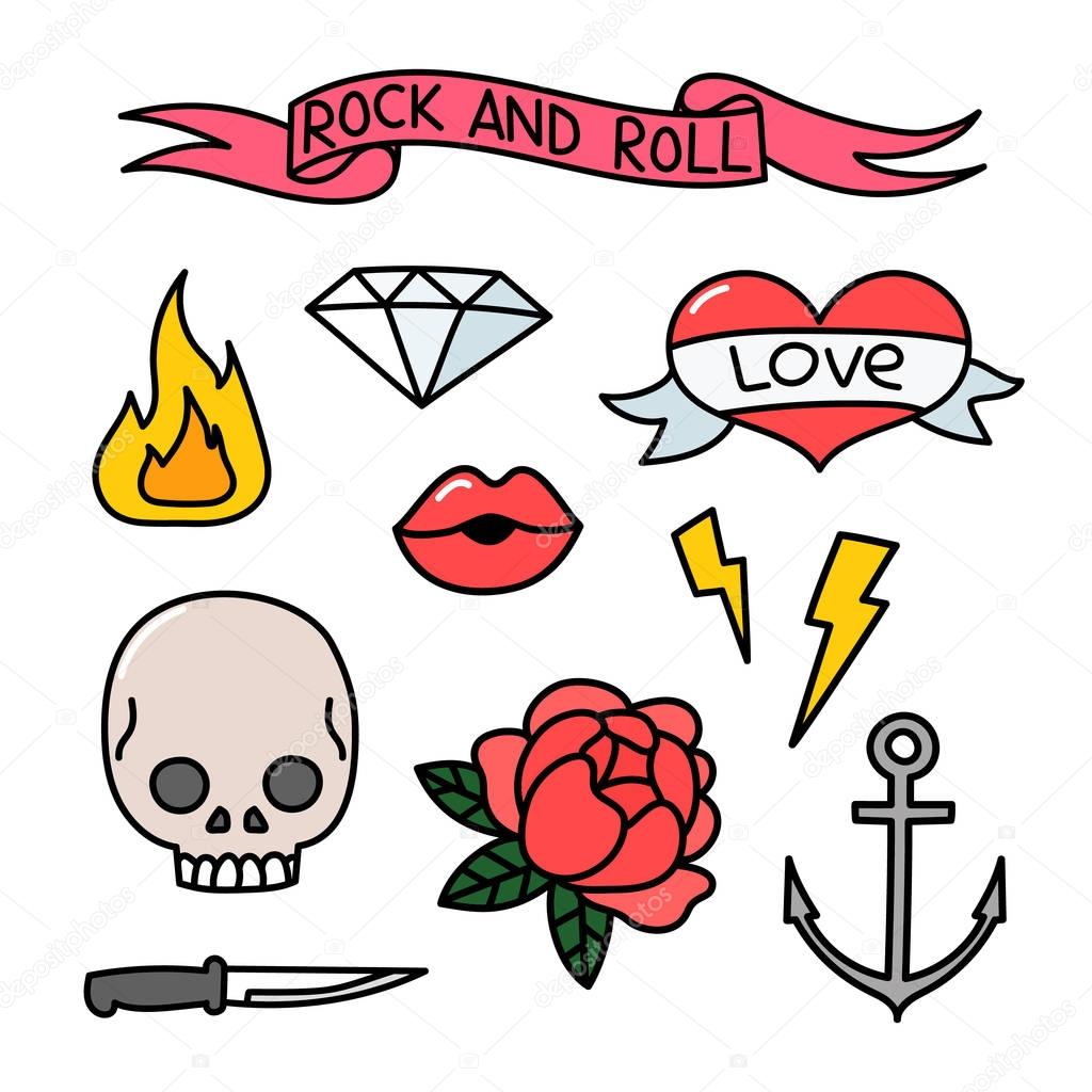Trendy sticker pack with rose, heart, lips, skull, fire, lightning, crystal, anchor, knife, ribbon with the inscription rock and roll.