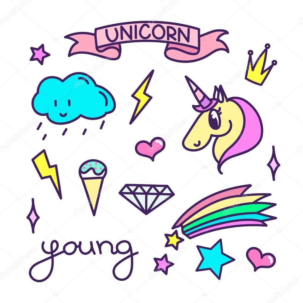 Trendy sticker pack with magical unicorn, rainbow shooting star, diamond, crown, lightning, star, ice cream, heart, cloud with rain, ribbon with the inscription unicorn.