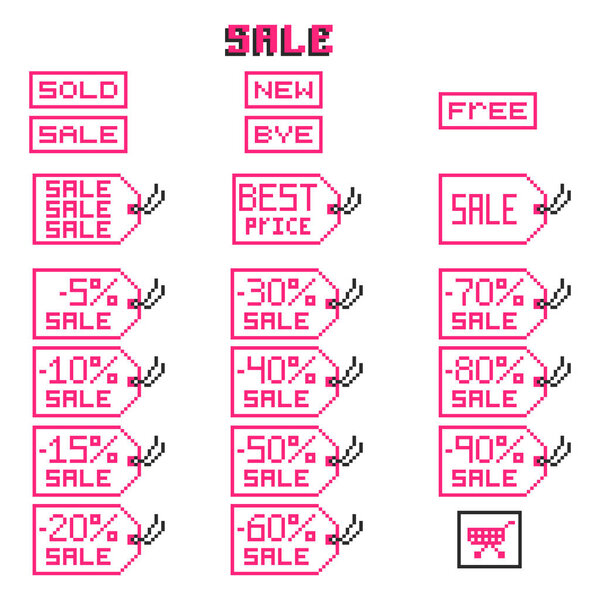 Sale tags set in pixel art style, on a white background.