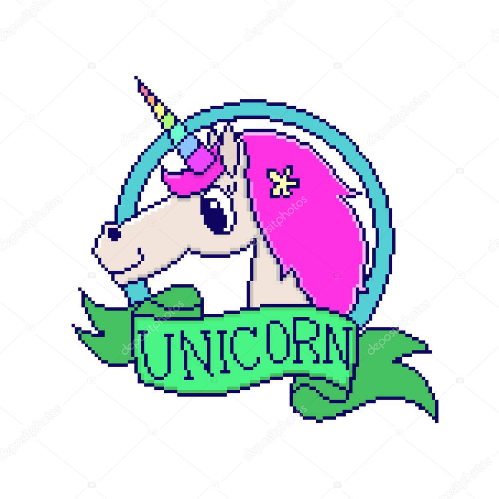 Unicorn with ribbon and inscription, in the eight bit style, on a white background. 