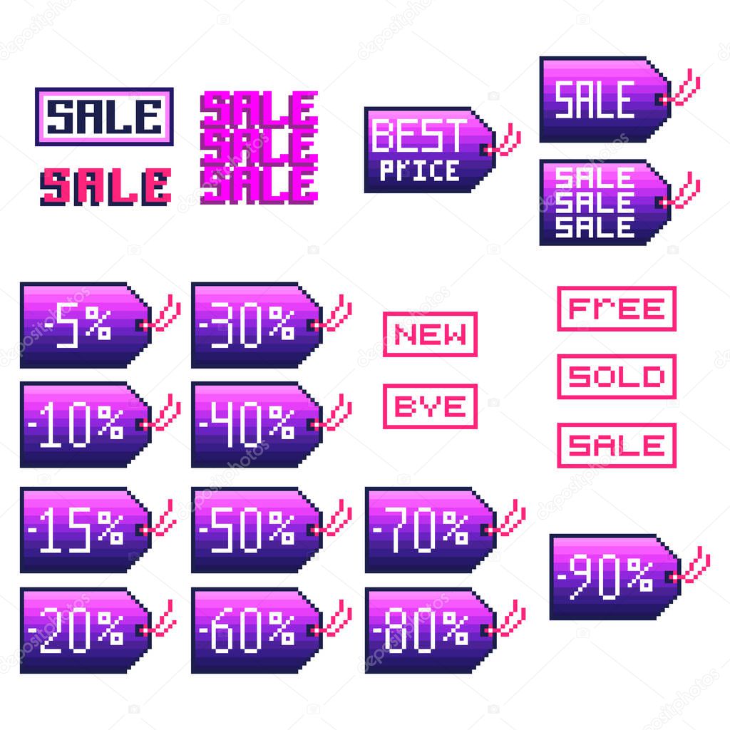 Sale tags set in pixel art style, on a white background. 