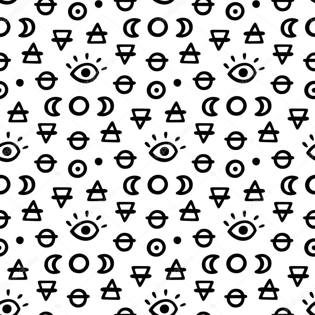 Seamless pattern, in memphis style, with magic simbols, on a white background.