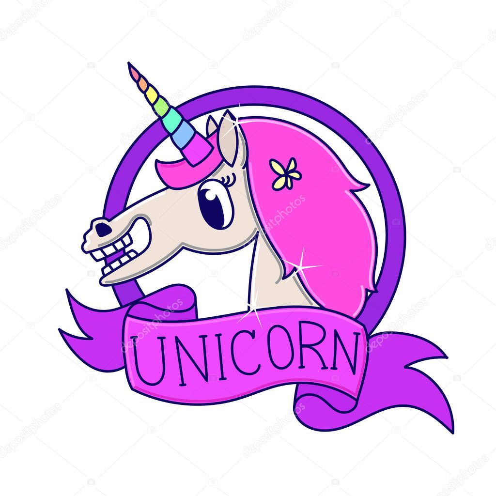 Unicorn with pink ribbon on a white background.