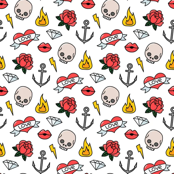 Seamless pattern old school tattoo style, with elements: rose, heart, lips, skull, fire, lightning, crystal, anchor, on a white background. — Stock Vector