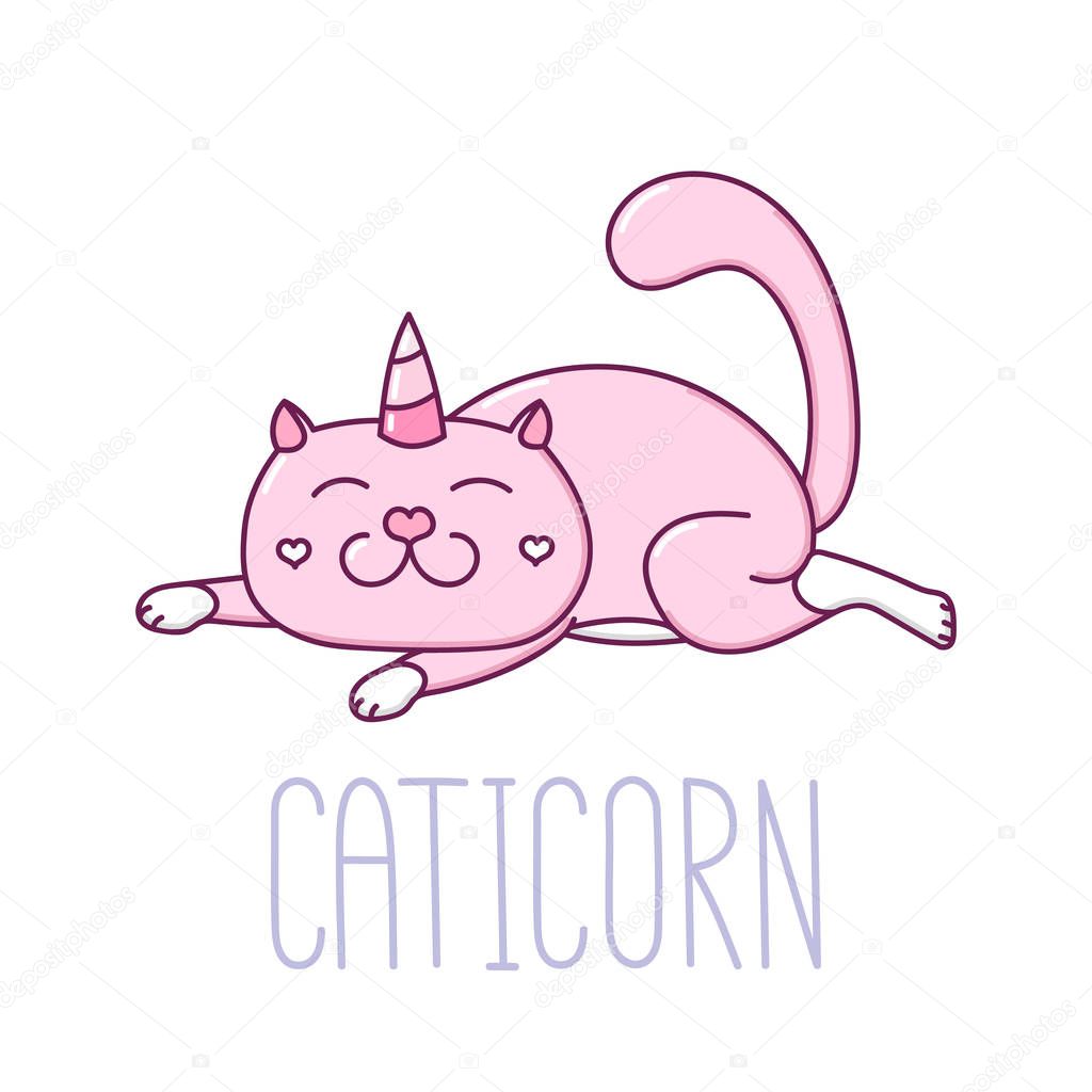 Cute image of a lying cat with a horn unicorn.