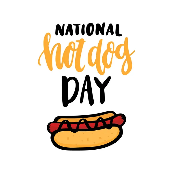 The hand-drawing inscription: "National hot dog day!" in a trendy calligraphic style, with image hot dog. — Stock Vector