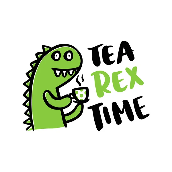 The comic inscription "Tea rex time" and a cartoon little funny dinosaur. — Stock Vector