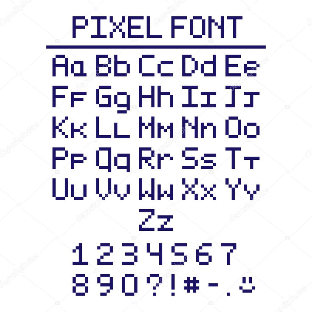 Pixel font in the eight bit style witn numbers and smiley.
