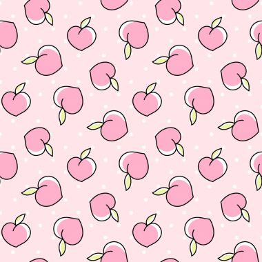 Şeftalilerin noktalı pembe bir arka plan üzerinde şirin seamless modeli. 