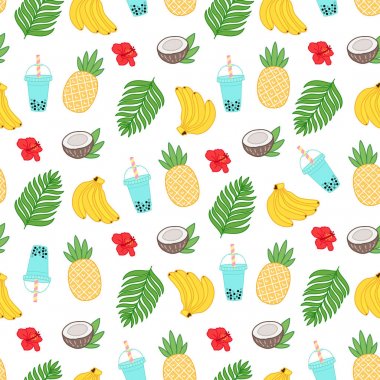 Yaz tropikal desen muz, ananas, palmiye yaprakları, Hindistan cevizi, çiçek Hawaii, beyaz bir arka plan üzerinde smoothies.