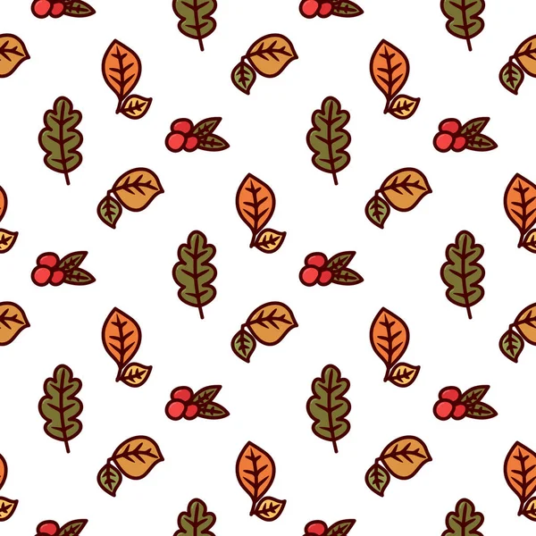 Nahtloses Herbstmuster mit Blättern und Beeren auf weißem Hintergrund. — Stockvektor