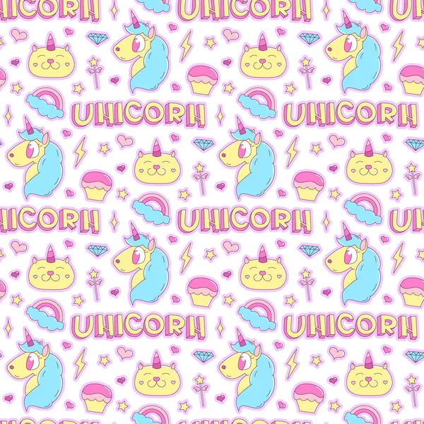 Mignon motif sans couture avec licorne magique, chat, arc-en-ciel, diamant, foudre, étoile, coeur, capcake, baguette magique, inscription - licorne . — Image vectorielle