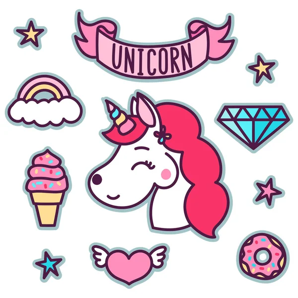 Kap stiker Trendy dengan unicorn magis, bintang, berlian, es krim, hati, awan, pita, pelangi, donat . - Stok Vektor