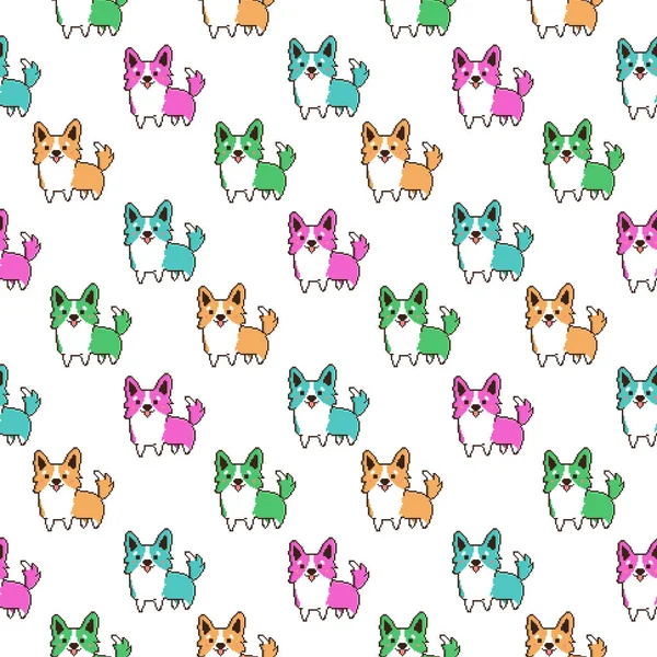 Pixel art style pattern with dog breed welsh corgi on a white background. — Stock Vector