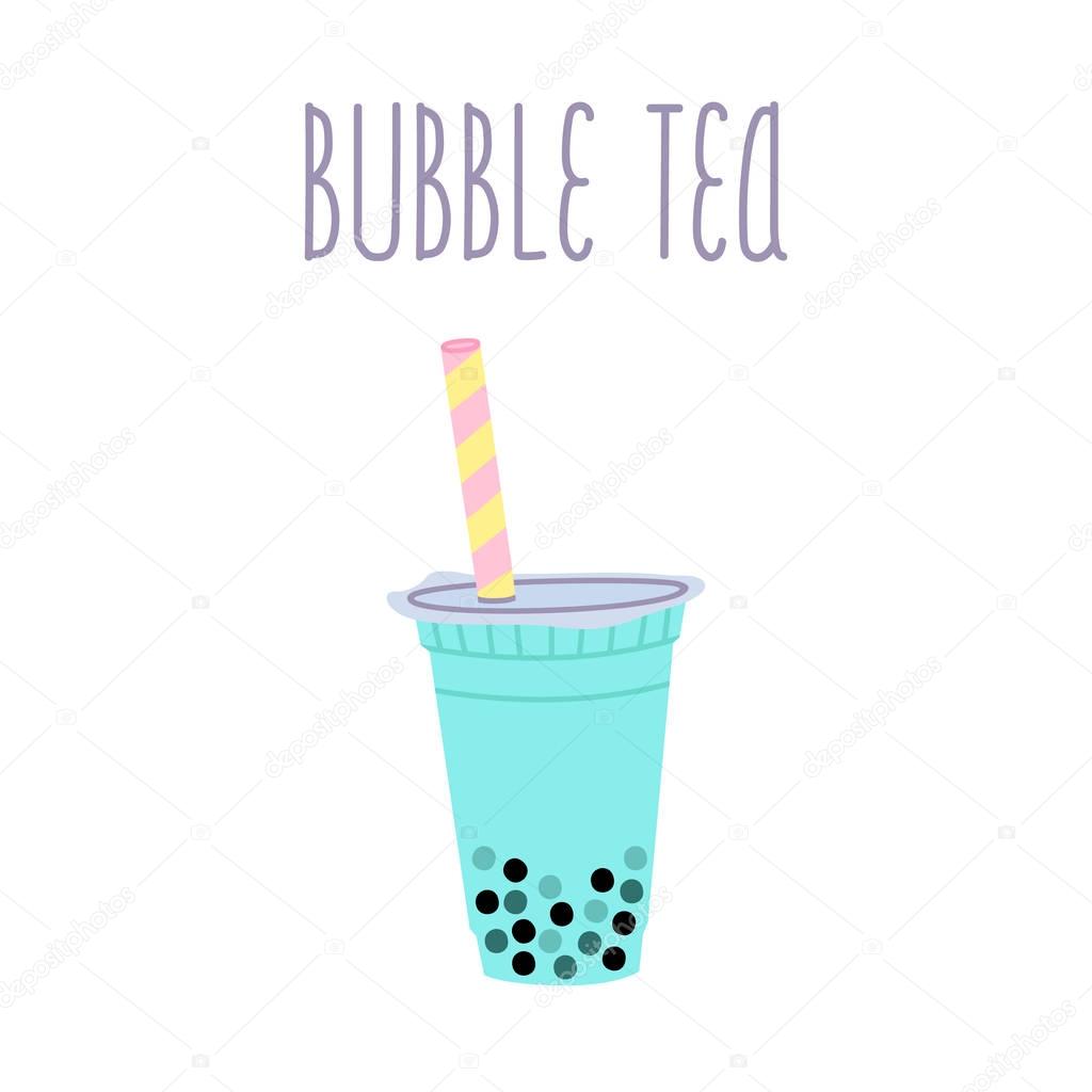 Bubble tea or milkshake with tapioca pearls and text on a white background.