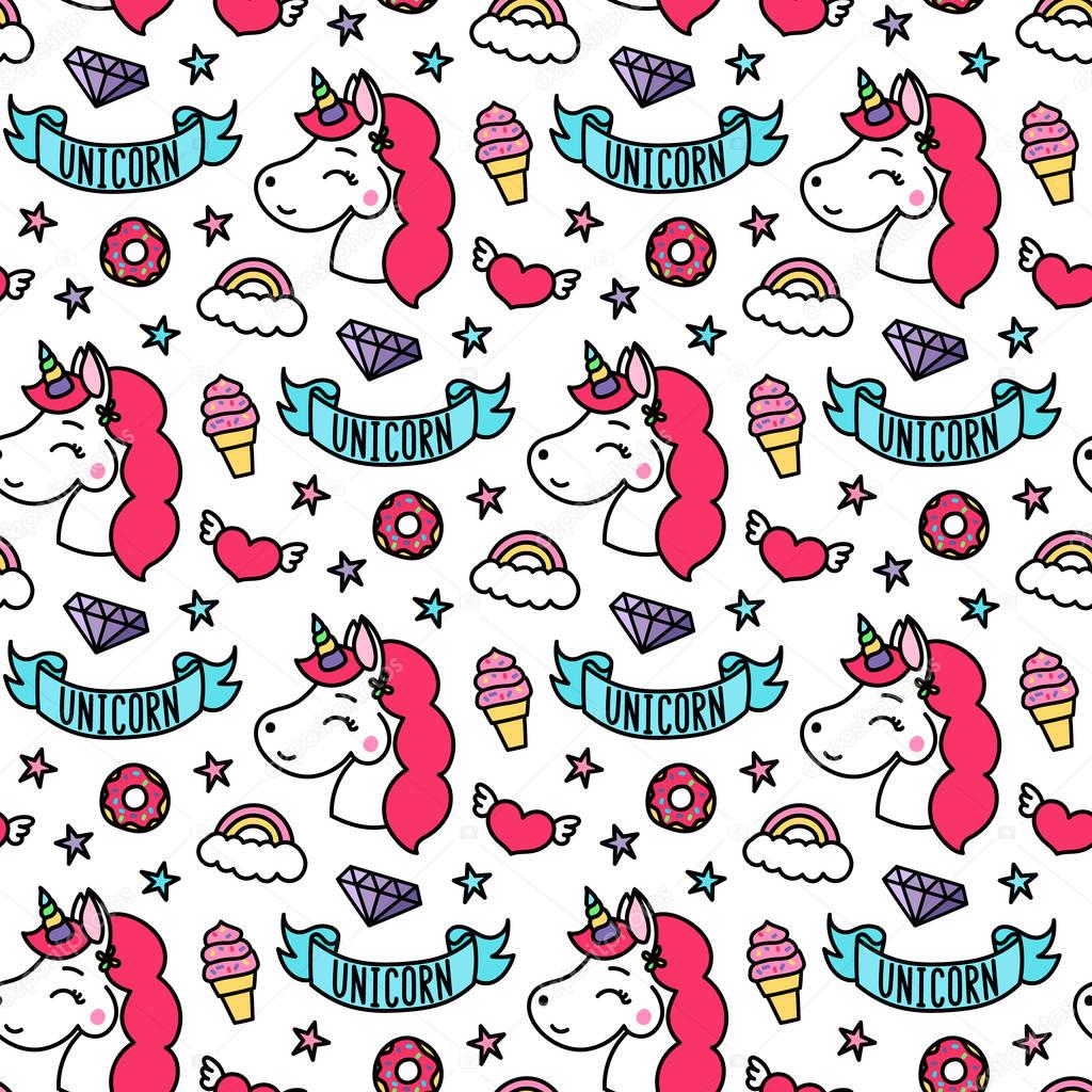 Cute seamless pattern with magical unicorn, star, diamond, ice cream, heart, cloud, ribbon, rainbow, donut.