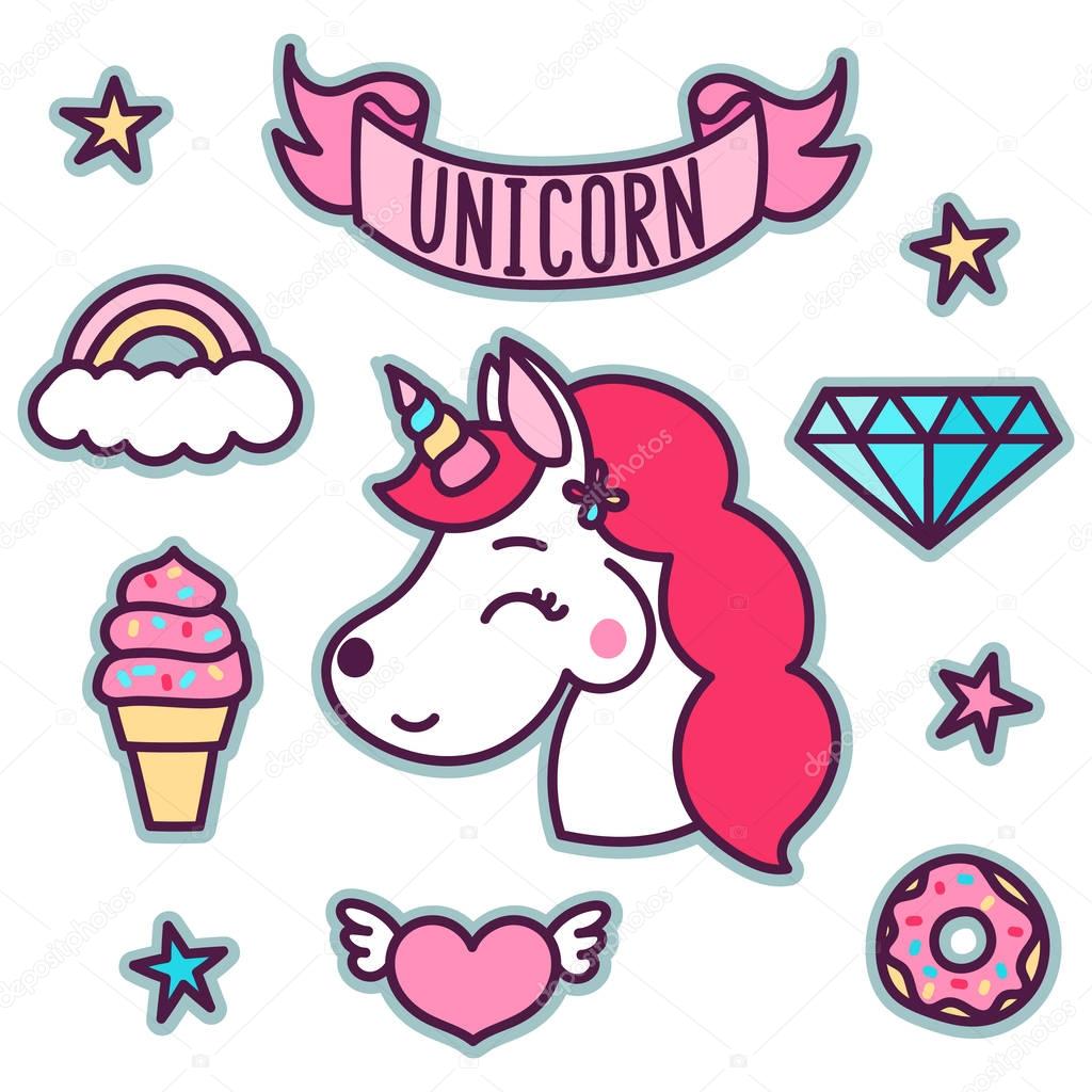 Trendy sticker pack with magical unicorn, star, diamond, ice cream, heart, cloud, ribbon, rainbow, donut. 