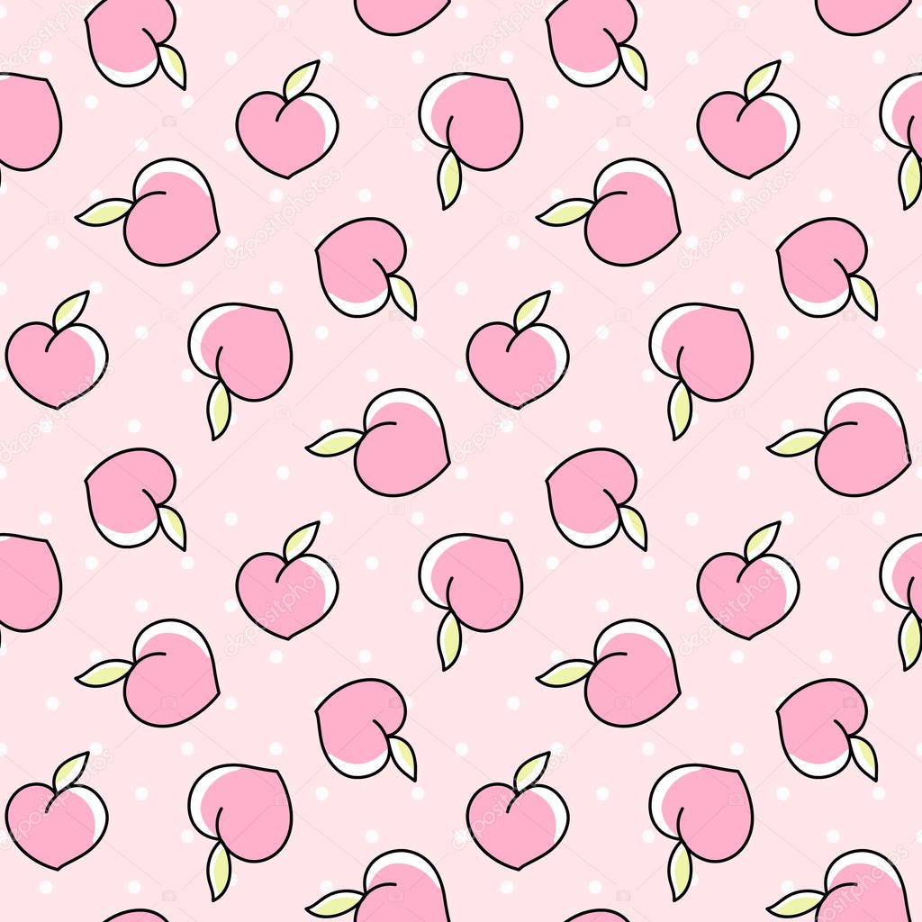Cute seamless pattern with peaches on a pink background with dots. 