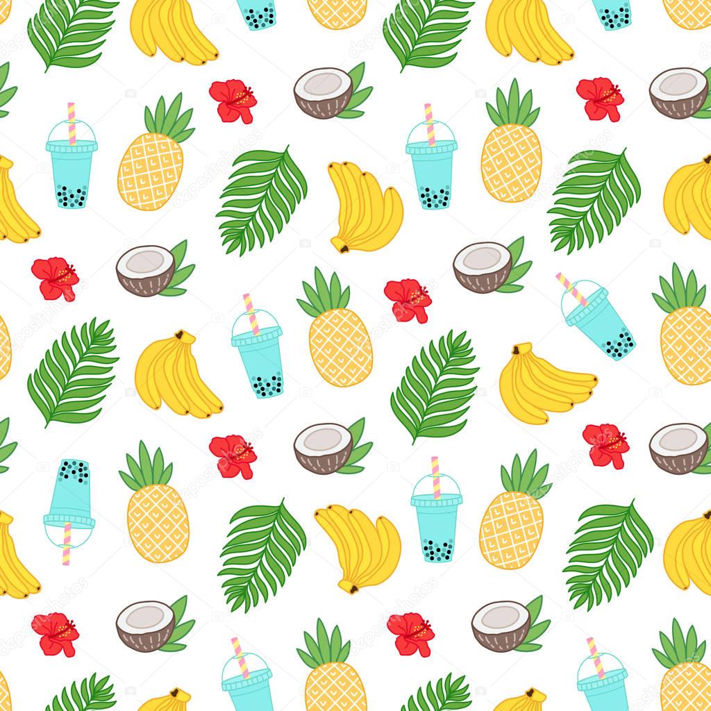 Summer tropical pattern with banana, pineapple, palm leaves, coconut, flower of Hawaii, smoothies on a white background.