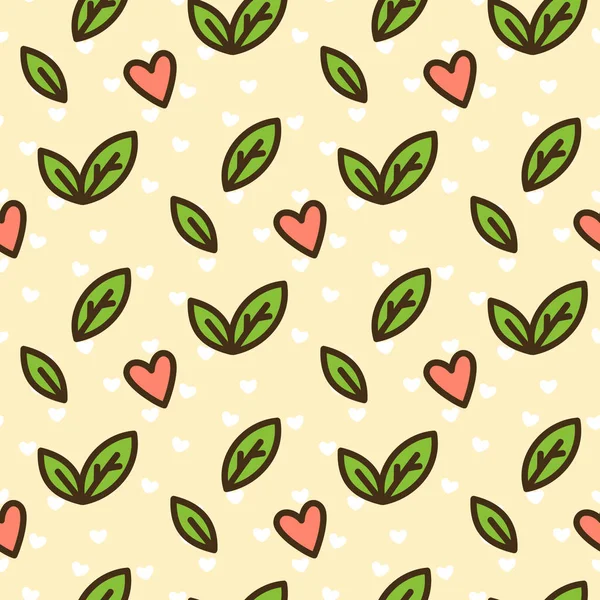 Cute seamless pattern with leaves and heart on a yellow background. — Stock Vector