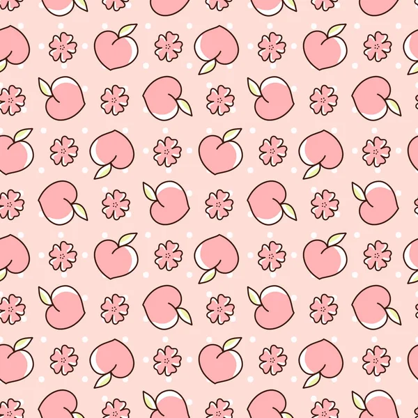 Cute seamless pattern with peaches and peach blossoms on a pink background with dots. — Stock Vector