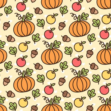 Turuncu kabak, sarı elma, Kırmızı elma, yeşil yaprak, fındık, meşe, meşe palamudu ile şirin desen.