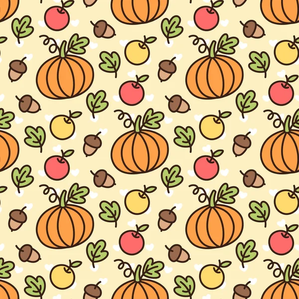 Niedliches Muster mit orangefarbenem Kürbis, gelbem Apfel, rotem Apfel, grünem Blatt, Nuss, Eiche, Eichel. — Stockvektor