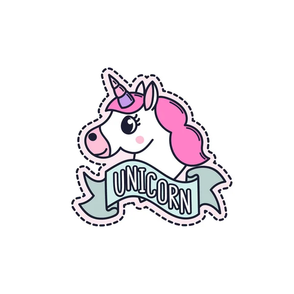 Unicorn dengan pita biru dengan latar belakang putih . - Stok Vektor