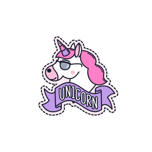 Cool unicorn dengan kacamata dan dengan pita biru pada latar belakang putih . - Stok Vektor