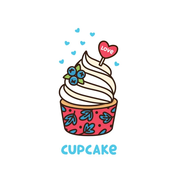 Μυρτιλός cupcake με χτυπημένη κρέμα και κόκκινη καρδιά με επιγραφή αγάπη. — Διανυσματικό Αρχείο
